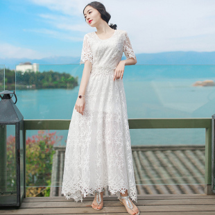 2016夏季新品女装裙子刺绣白色蕾丝长裙连衣裙波西米亚海边沙滩裙