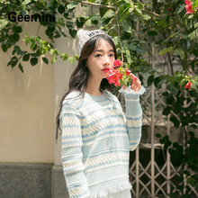 条纹间色毛衣女16年韩版时尚休闲搭配宽松圆领流苏毛线针织衫