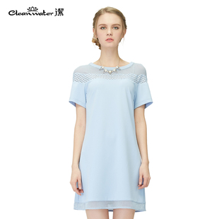 Clean Water/洁女装夏装圆领蕾丝修身蓝色短袖雪纺连衣裙LK5B869