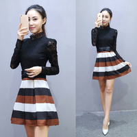 2015秋季女装韩版时尚长袖连衣裙气质修身中长款高领蕾丝连衣裙女