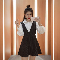 2016秋季新款韩版女装时尚长袖衬衫+条纹背带裙两件套连衣裙9