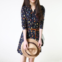 2015夏季新款韩版女装棉质连衣裙长袖藏青色显瘦宽松连衣裙送腰带