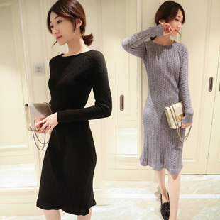 2015冬季新款韩版女装一步裙纯色圆领中腰长袖中长裙通勤连衣裙
