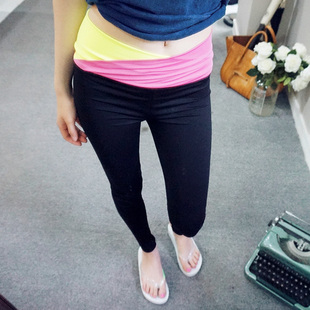 韩国代购个性撞色拼接铅笔裤女夏季超薄紧身显瘦运动休闲裤高弹性