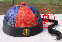 特色古装表演帽子中式唐装儿童成人帽子带辫子阿哥帽红蓝