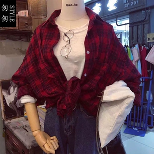 秋装新款韩国东大门代购红格子长袖宽松大码女装蝙蝠袖衬衫女外套