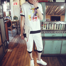 圆领套头运动套装韩版修身休闲青少年运动服短袖七分裤 男夏季