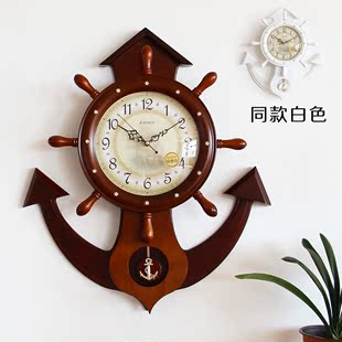 促销包邮欧式地中海静音挂钟船舵时钟创意客厅时尚钟表艺术木壁钟