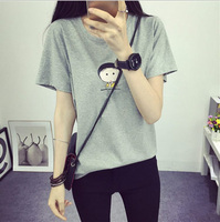 2016夏季新款韩版女装T恤 扎染圆领数字字母印花纯色宽松拼接短袖