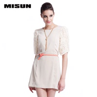 MISUN米尚2015春夏新款半镂空立体花朵袖设计高档气质连衣裙