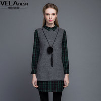 维拉德桑2016冬装新款羊毛格子衬衣假两件套女士打底上衣W15S462