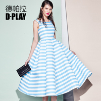D－PLAY2015秋 欧美蓝白条纹无袖连衣裙 复古收腰长款A裙伞裙