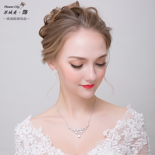 韩式新娘项链伴娘婚纱结婚人造锆石时尚饰品新款项链耳环两件套