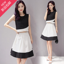 2016夏季韩版新款女装 黑白无袖连衣裙 中长款背心裙套装女两件套
