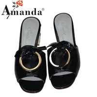 Amanda/艾曼达专柜新款时尚女皮鞋蝴蝶结金属低跟凉鞋鱼嘴方跟鞋