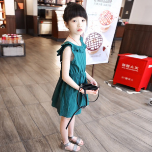 可可绿色家夏装韩版新款女童荷叶领纯棉百褶背心裙连衣裙