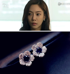 韩国代购 S925纯银耳针 锆石微镶蓝色宝石甜美花朵耳钉