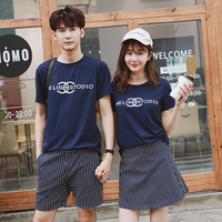 情侣装夏装2017新款韩版宽松字母运动T恤男女条纹短裙两件套装潮