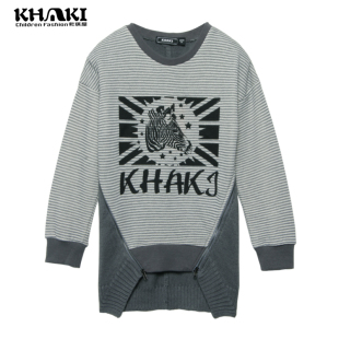 KHAKI 卡琪屋2015秋新款女童斑马字母印花拉链装饰条纹圆领T恤