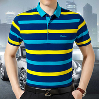 中年男士短袖POLO衫条纹翻领商务休闲男士间色条纹T恤衫丝光棉T恤