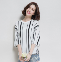 韩版夏季新款上衣短款针织衫女套头圆领宽松条纹中袖T恤衫薄短袖