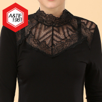 曼塔尼 2014新款秋装黑色莫代尔蕾丝拼接高领打底衫长袖T恤女修身