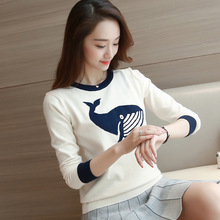 2016秋装韩版套头拼色卡通海豚趣味圆领长袖针织衫毛衣 一件代发