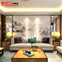 定制新中式电视背景墙艺术玻璃拼镜客厅玄关沙发背景墙山水画国画