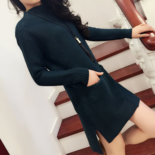 韩国站中长款高领气质修身显瘦身羊绒衫口袋开叉打底衫女冬连衣裙