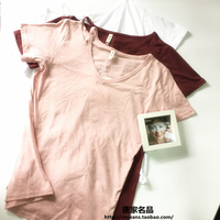 一件包邮韩国订单2015夏装基本款V领镂空破洞露肩竹节棉短袖T恤