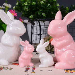 【天天特价】 陶瓷小白兔工艺品 生肖粉兔子 家居饰品 吉祥物摆件