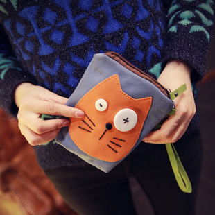 原宿风卡通大脸猫零钱包帆布包钥匙包可爱潮酷个性包包