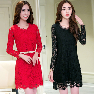 2015秋季新品女装韩国宽松大码修身显瘦长袖中长款a型蕾丝连衣裙