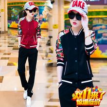 2016白色红色黑色韩版秋季新款 显瘦修身印花棒球服运动套装女