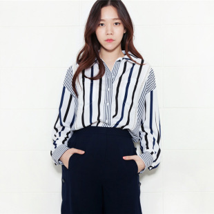 【现货】韩国l*p  竖条纹刺绣花边洋气显瘦长袖衬衫2016秋季新款