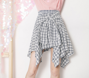 2017韩版新款系腰衬衫式松紧腰不规则细格子假两件半身裙短裙伞裙