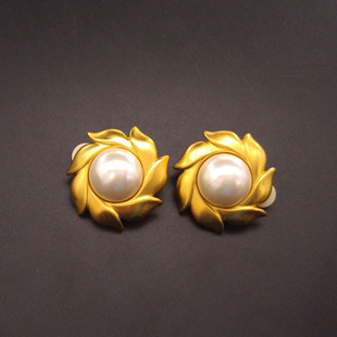 华丽珍珠 Vintage欧美直送品质保证 古董首饰 金色太阳大珍珠耳夹