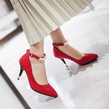 韩版新款春秋婚鞋红色高跟鞋细跟尖头鞋磨砂搭扣浅口单鞋性感女鞋