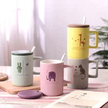 喝水杯子家用陶瓷带盖勺 创意马克杯韩国情侣杯子可爱动物咖啡杯