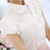 2017夏季新款韩版女装短袖衬衫女白衬衫修身拼接蕾丝雪纺衫娃娃领