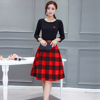 实拍时尚套装秋季新款韩版长袖针织衫高腰格子A字裙两件套
