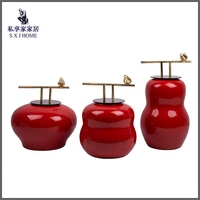 中式样板间陶瓷罐摆件客厅玄关茶几红色装饰罐组合书房博古架饰品