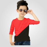 红黑韩版个性童装 莫代尔男童长袖t恤 儿童圆领休闲装撞色上衣