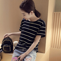 2016夏季新款韩版修身短袖条纹T恤女士打底衫女上衣时尚
