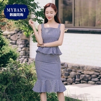 韩国MYBANY2016秋季女装绑带格纹吊带女衫和同款荷叶摆半身裙套装
