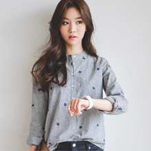 2016韩版新款休闲小清新立领条纹衬衣长袖刺绣修身显瘦女式衬衫女