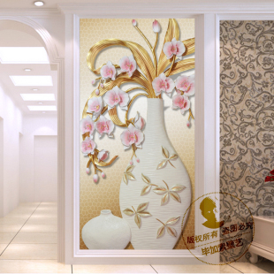 欧式简约3D立体玄关壁纸壁画 走廊过道墙纸装饰画 竖版彩雕花卉瓶