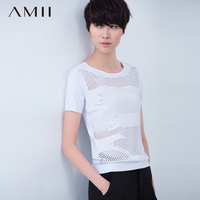 Amii[极简主义] 2016春夏新修身圆领罗纹镂空纹路针织T恤11680465