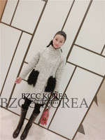 BZCCKOREA韩国进口新年款白色杂线款毛呢黑毛毛口袋风衣外套时尚