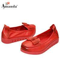 Amanda/艾曼达新款蝴蝶结花朵休闲圆头鞋平跟鞋浅口防水台中跟鞋